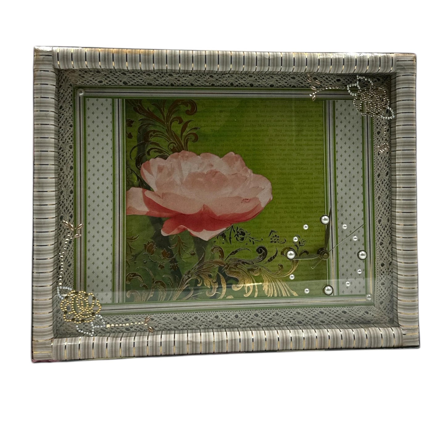 Handcrafted Floral Shadowbox Wall Clock Altered Art Paper Creation image 0