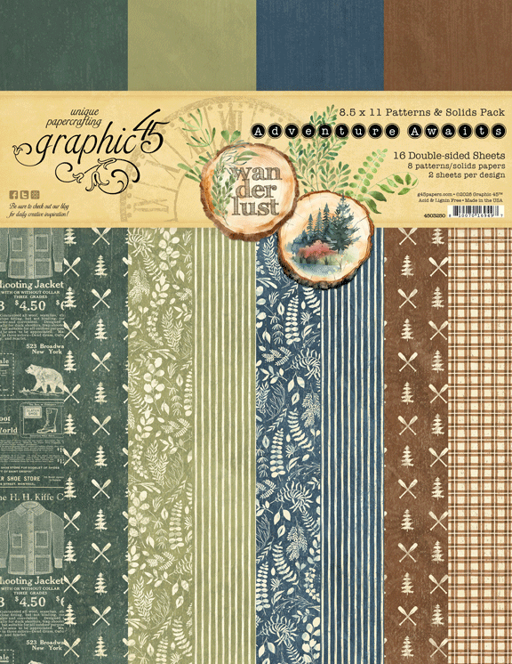 Graphic 45 Adventure Awaits 8.5 x 11 Patterns & Solids Pack – SKU 4503250