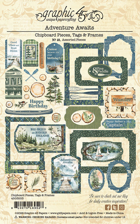 Graphic 45 Adventure Awaits Chipboard Pieces, Tags & Frames – SKU: 4503253