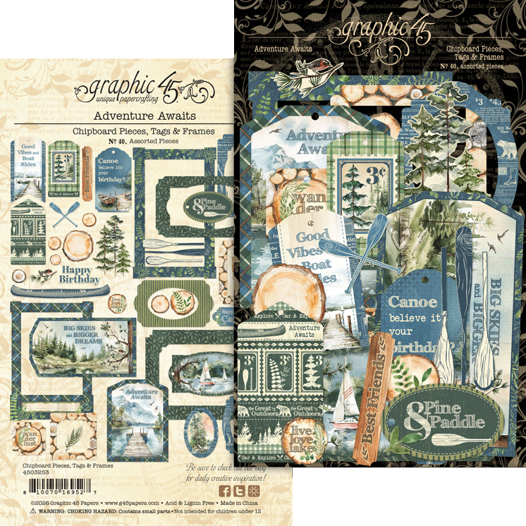 Graphic 45 Adventure Awaits Chipboard Pieces, Tags & Frames – SKU: 4503253