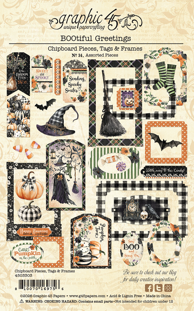 Graphic 45 - BOOtiful Greetings Chipboard Pieces, Tags and Frames – SKU: 4503303