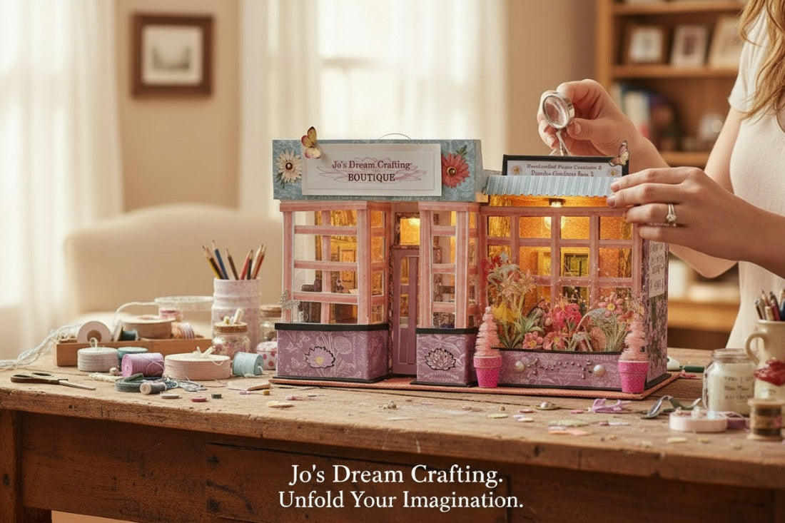 Small model of a building with 'Jo's Dream Crafting' branding on a wooden table.