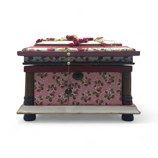 Handcrafted Floral Wooden Locked Keepsake Box Altered Art Creation