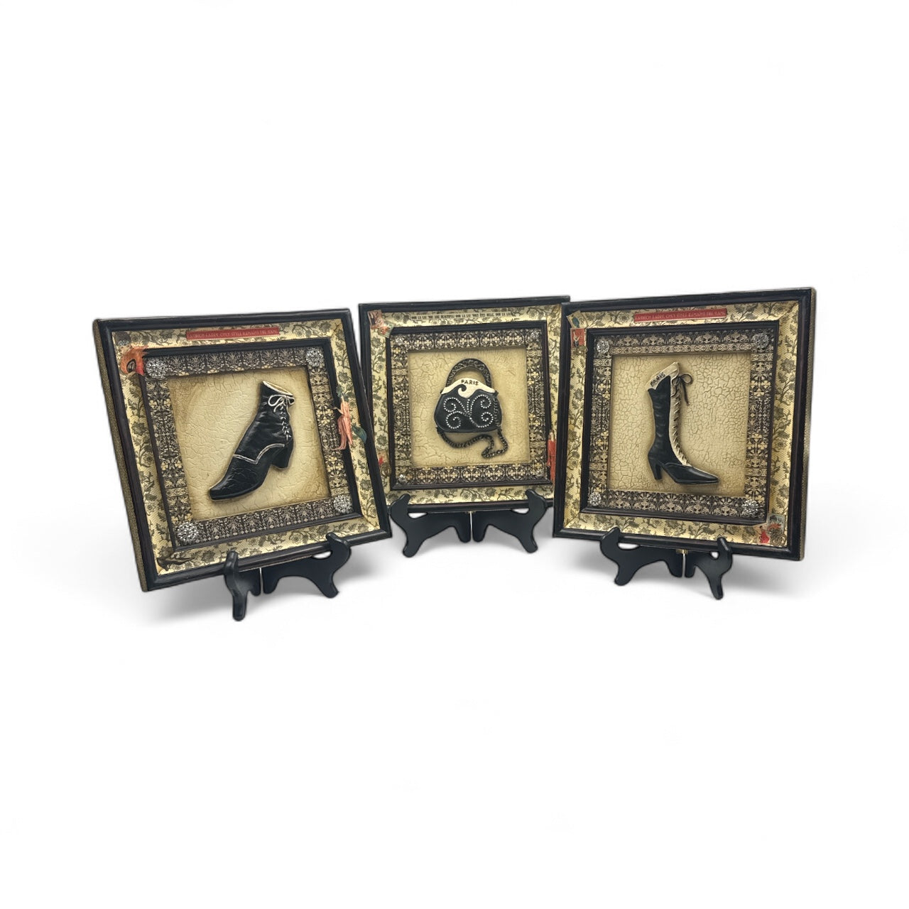 Handcrafted Couture Vintage Handbag and Shoes Altered Art Framed Wall Art Set